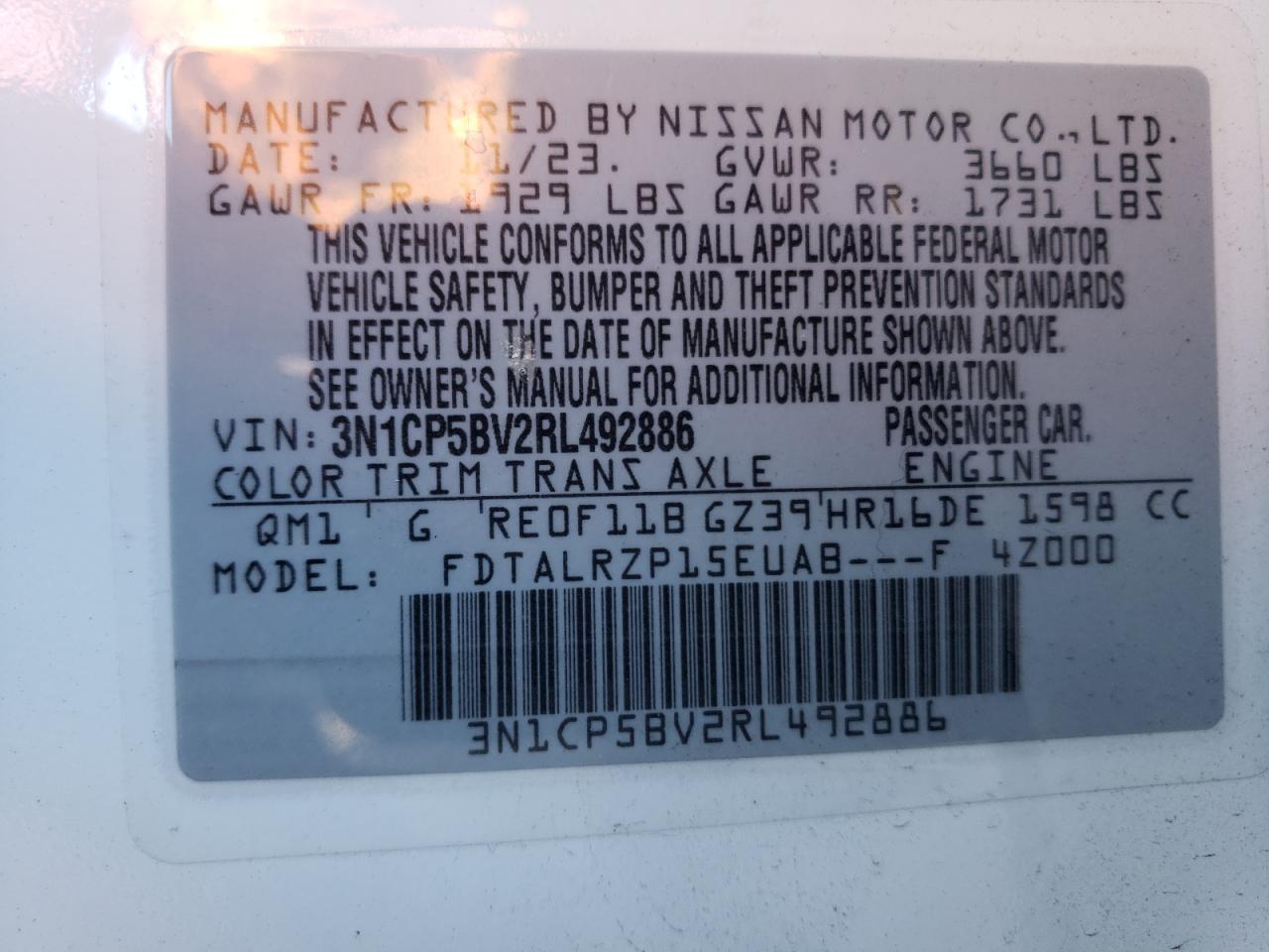 2024 NISSAN KICKS S VIN:3N1CP5BV2RL492886