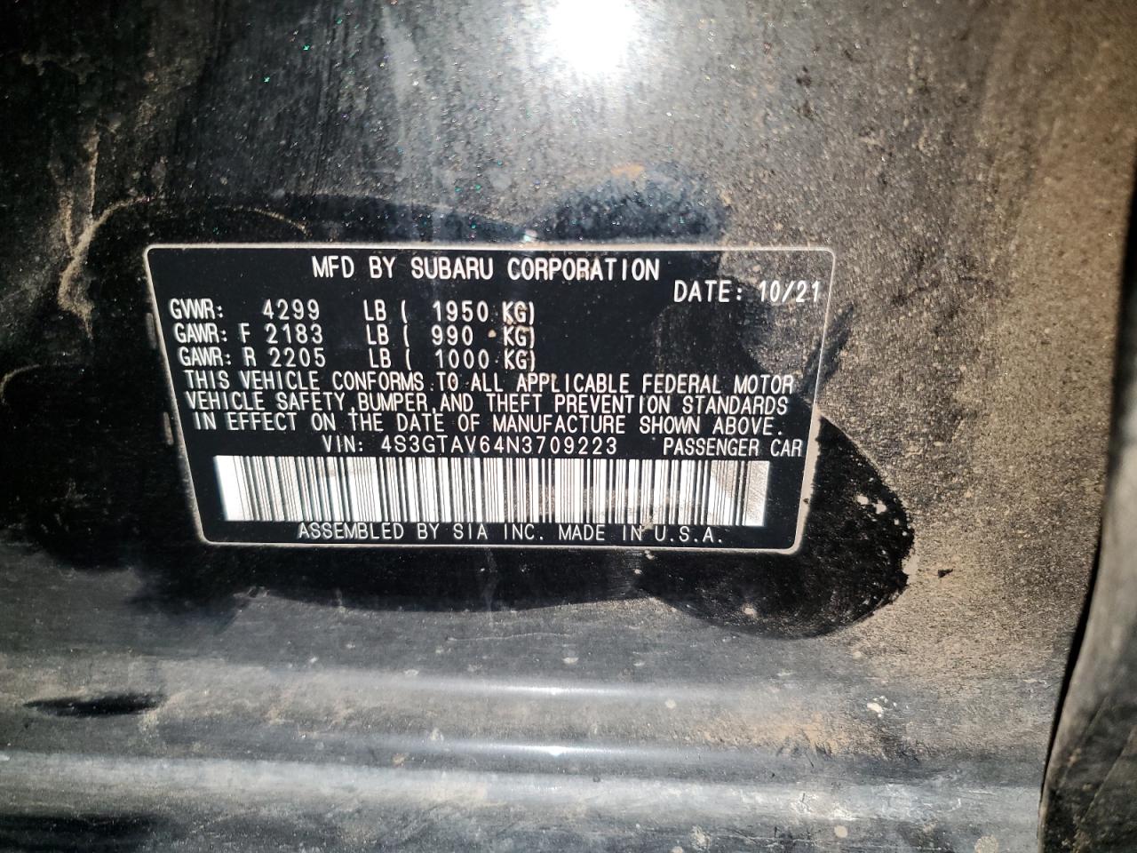 2022 SUBARU IMPREZA PREMIUM VIN:4S3GTAV64N3709223