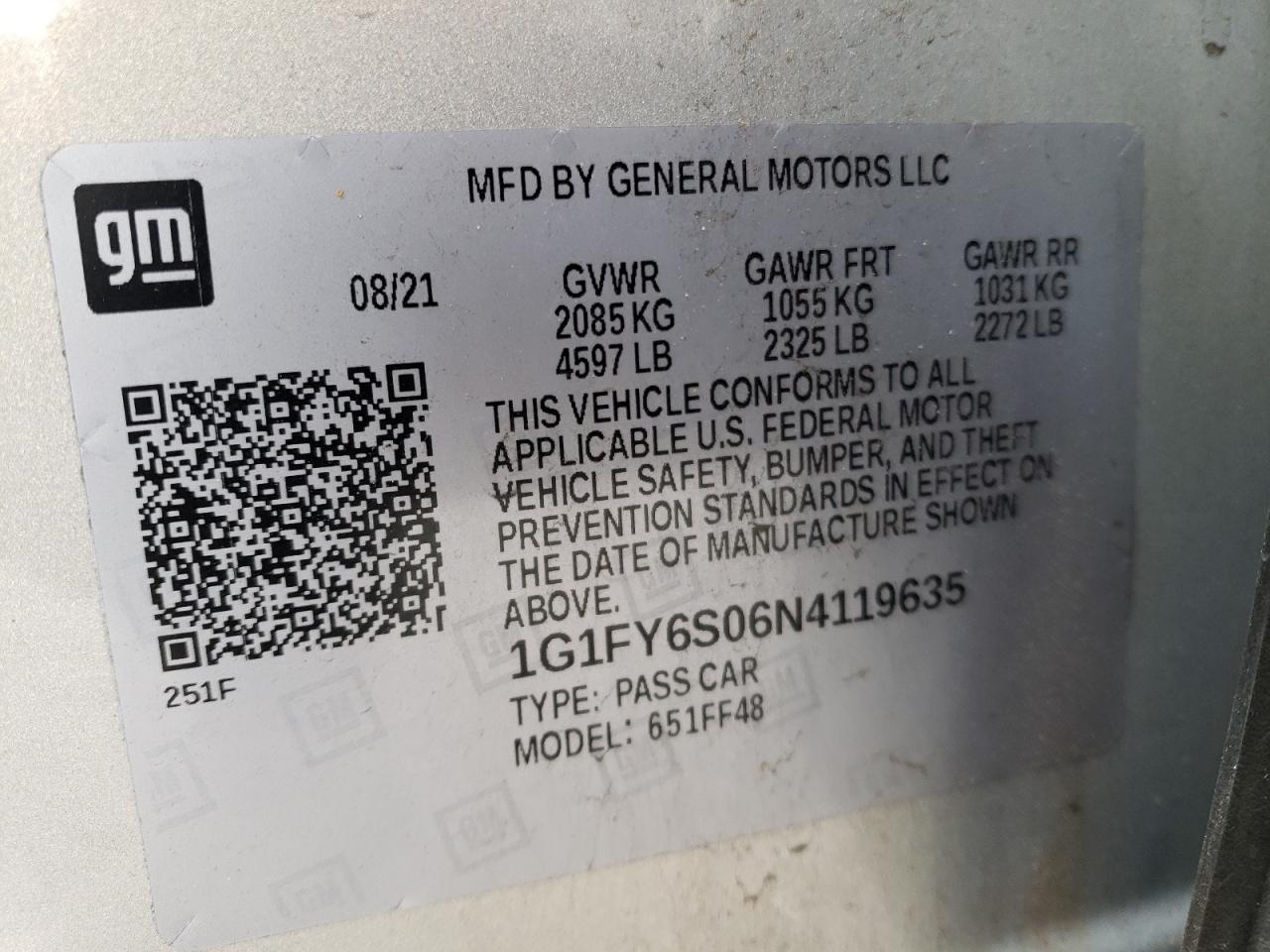 2022 CHEVROLET BOLT EUV LT VIN:1G1FY6S06N4119635