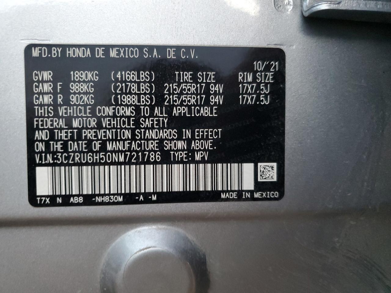 2022 HONDA HR-V EX VIN:3CZRU6H50NM721786