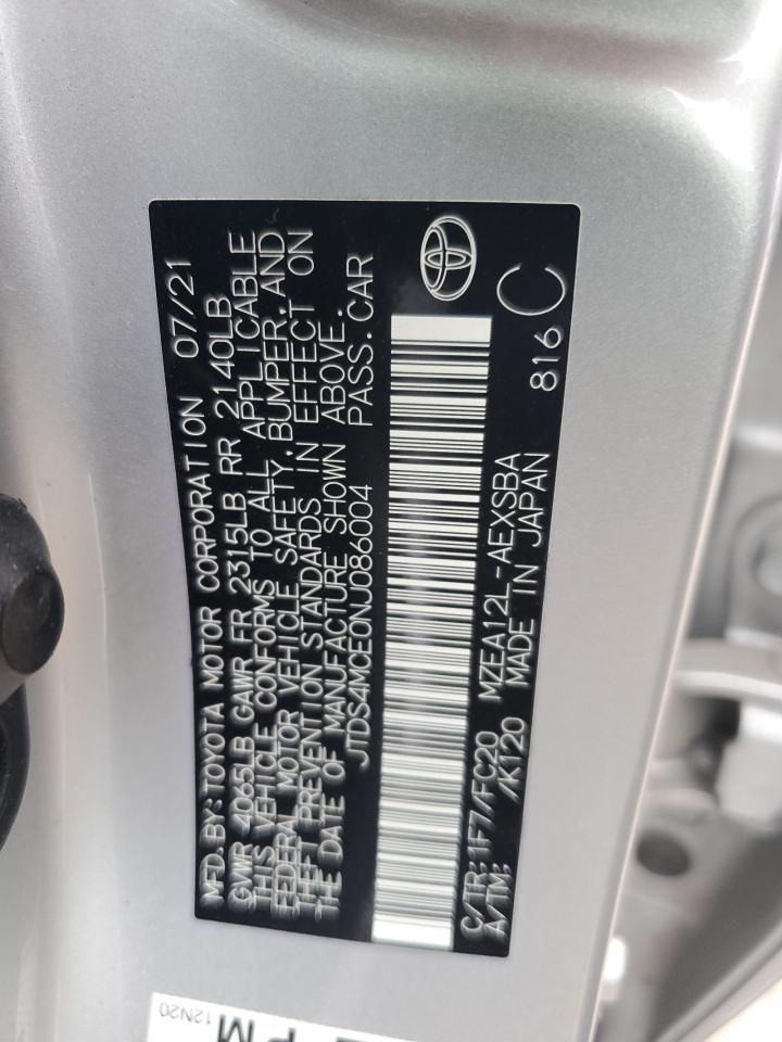 2022 TOYOTA COROLLA SE VIN:JTDS4MCE0NJ086004