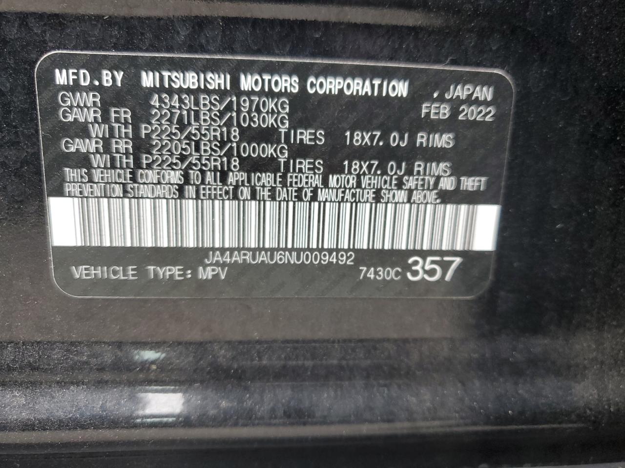 2022 MITSUBISHI OUTLANDER SPORT ES VIN:JA4ARUAU6NU009492