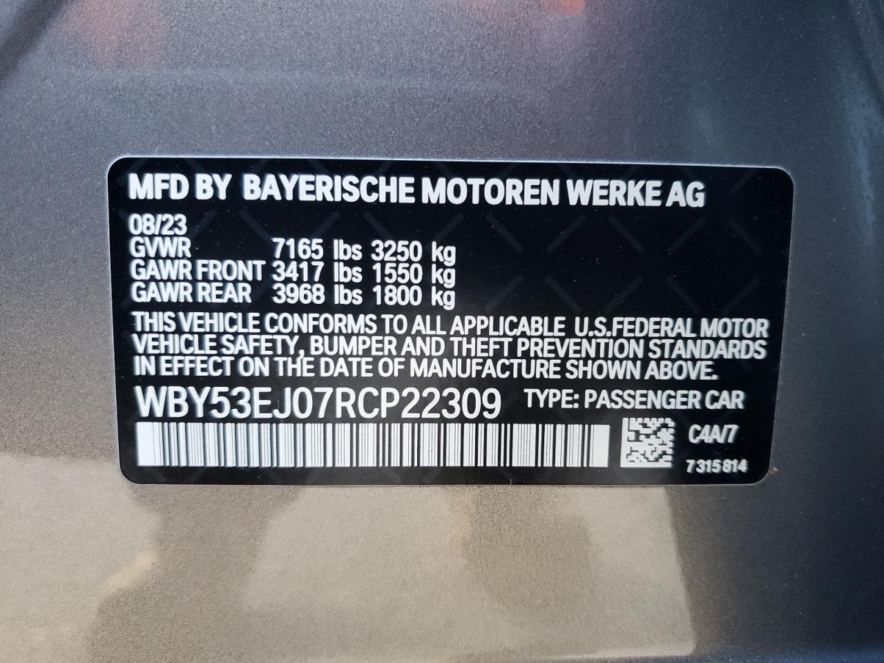 2024 BMW I7 XDRIVE60 VIN:WBY53EJ07RCP22309