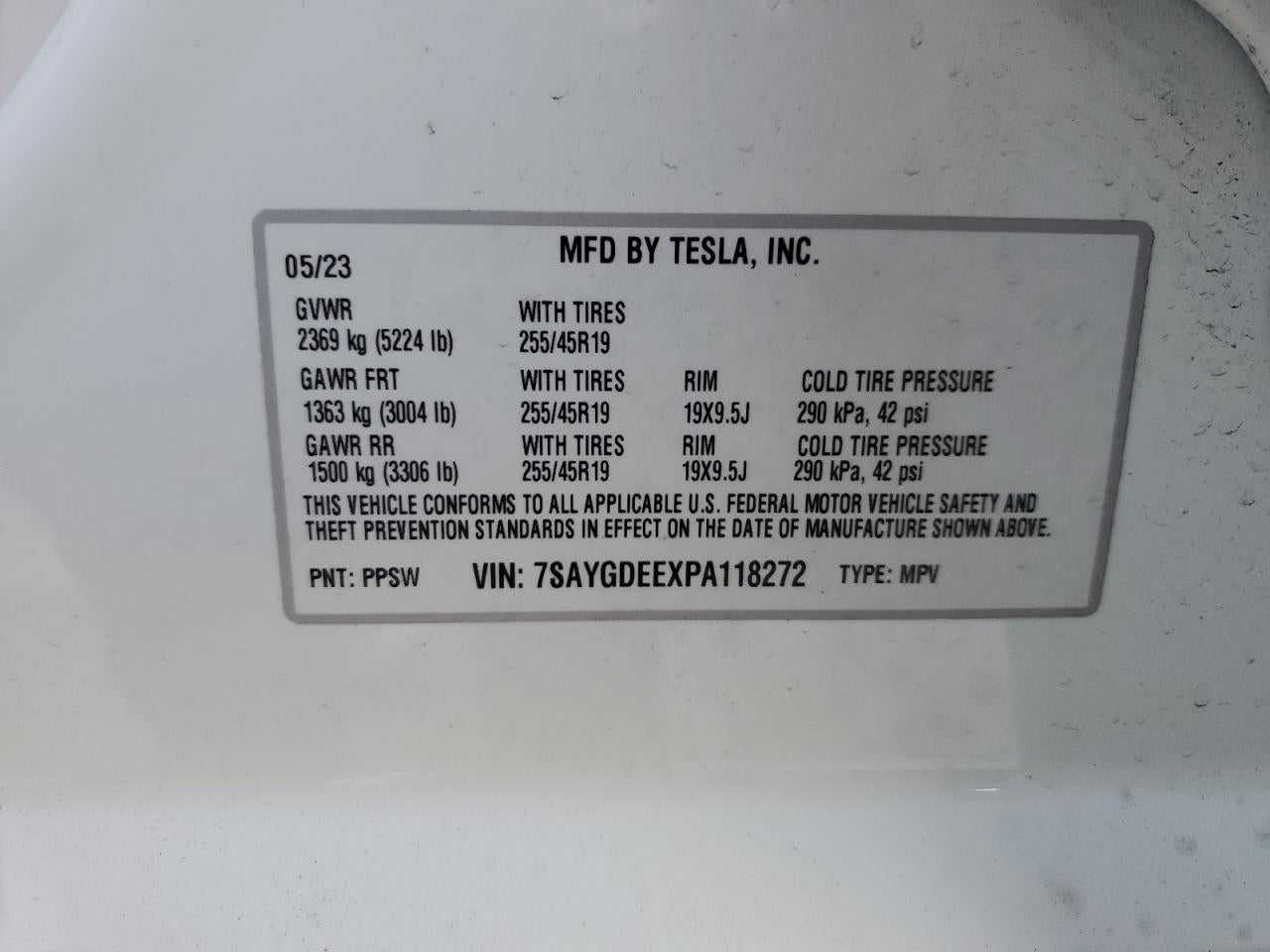 2023 TESLA MODEL Y VIN:7SAYGDEEXPA118272