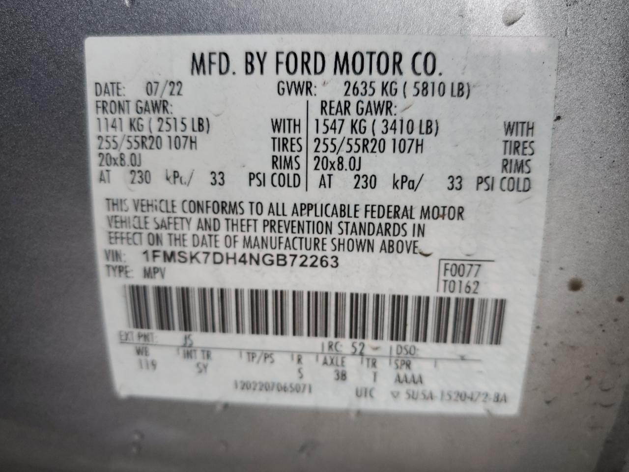 2022 FORD EXPLORER XLT VIN:1FMSK7DH4NGB72263