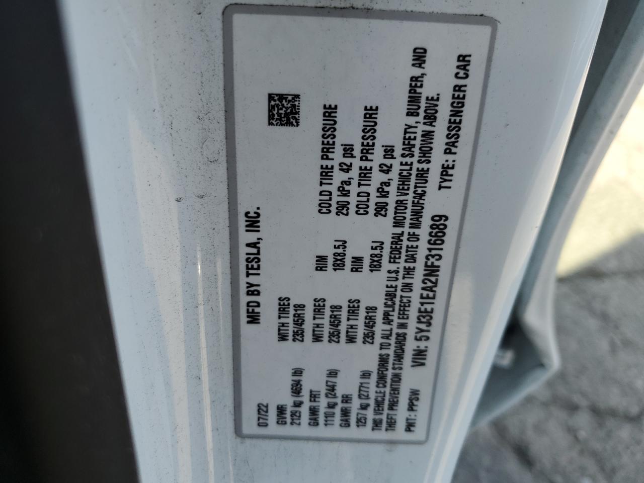 2022 TESLA MODEL 3 VIN:5YJ3E1EA2NF316689