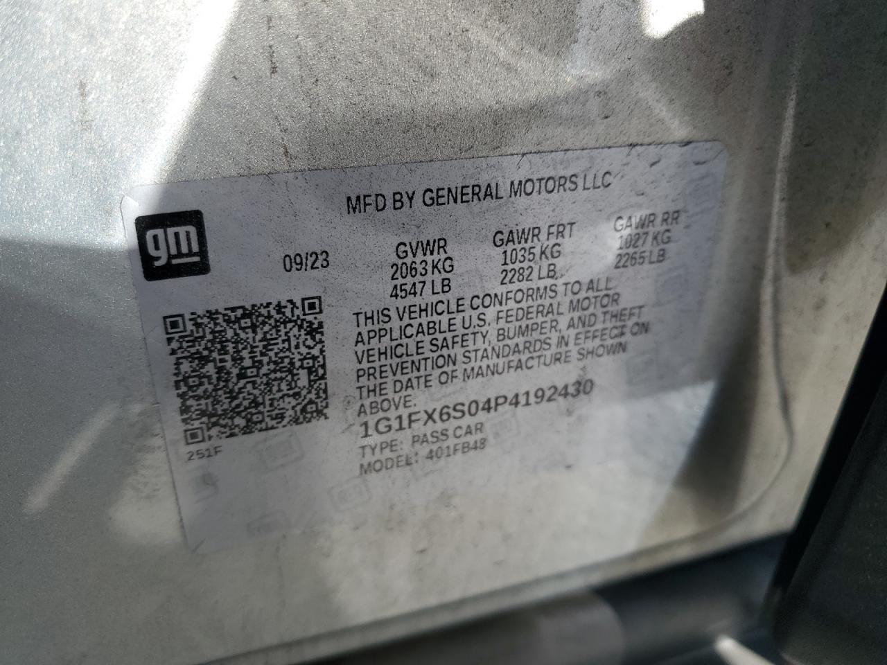 2023 CHEVROLET BOLT EV 2LT VIN:1G1FX6S04P4192430