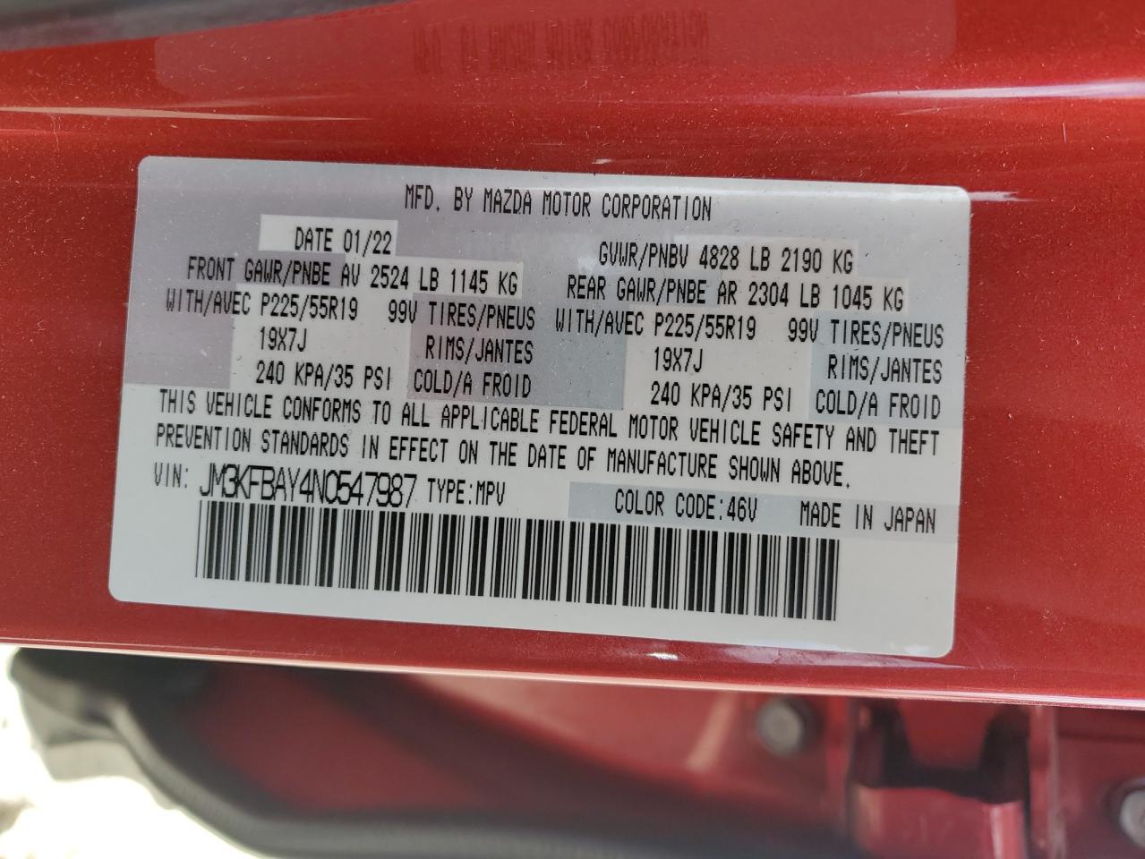 2022 MAZDA CX-5 VIN:JM3KFBAY4N0547987