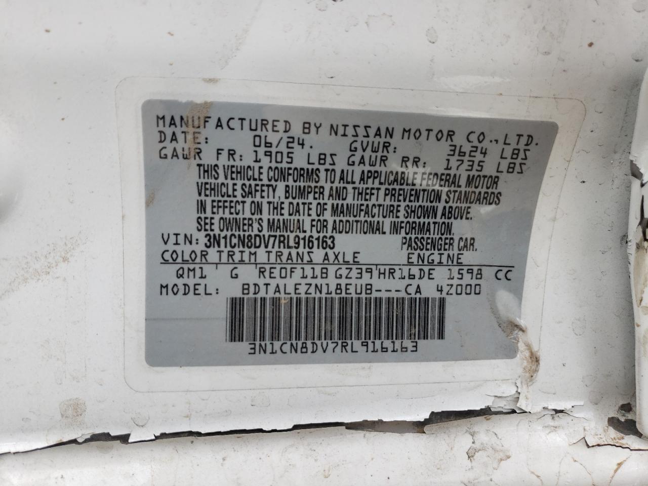 2024 NISSAN VERSA S VIN:3N1CN8DV7RL916163