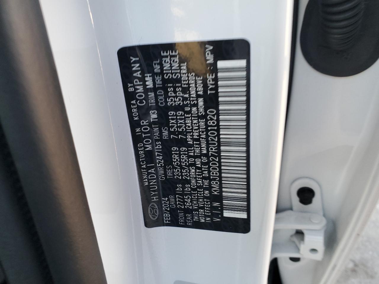 2024 HYUNDAI TUCSON SEL VIN:KM8JBDD27RU201820
