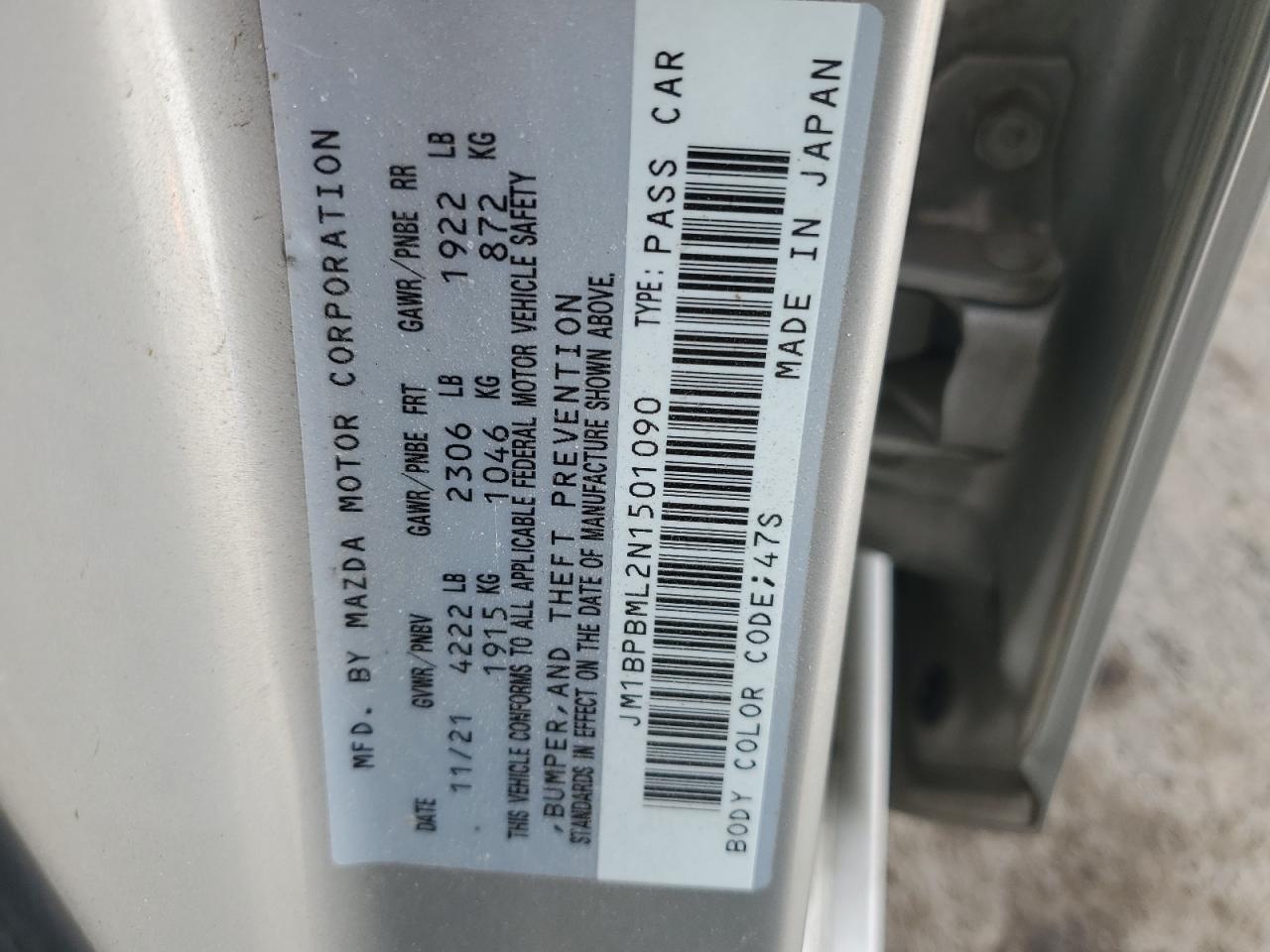 2022 MAZDA 3 PREMIUM VIN:JM1BPBML2N1501090