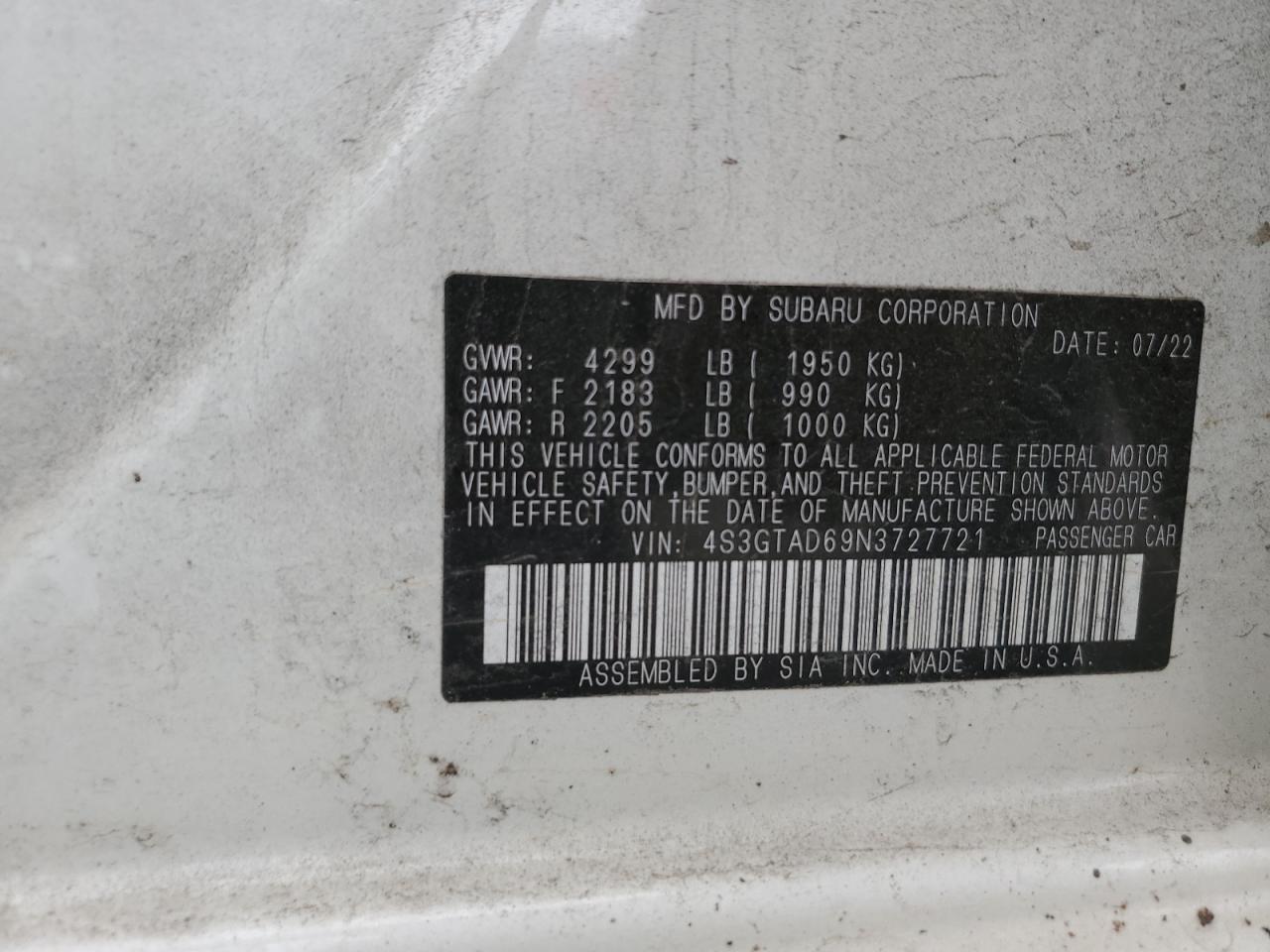 2022 SUBARU IMPREZA PREMIUM VIN:4S3GTAD69N3727721