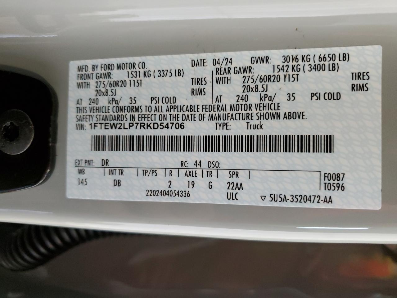 2024 FORD F150 STX VIN:1FTEW2LP7RKD54706