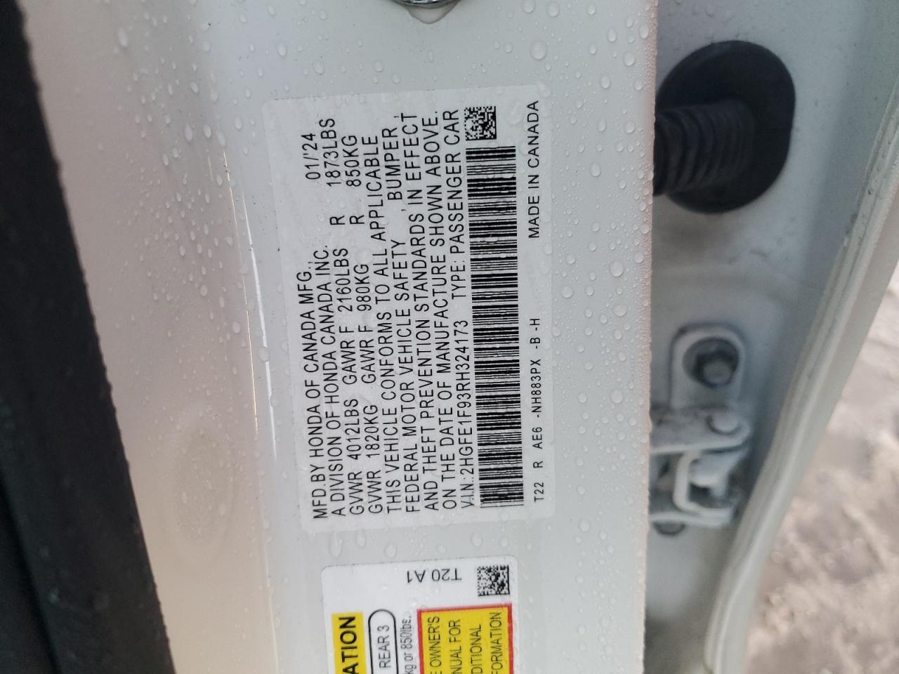 2024 HONDA CIVIC TOURING VIN:2HGFE1F93RH324173