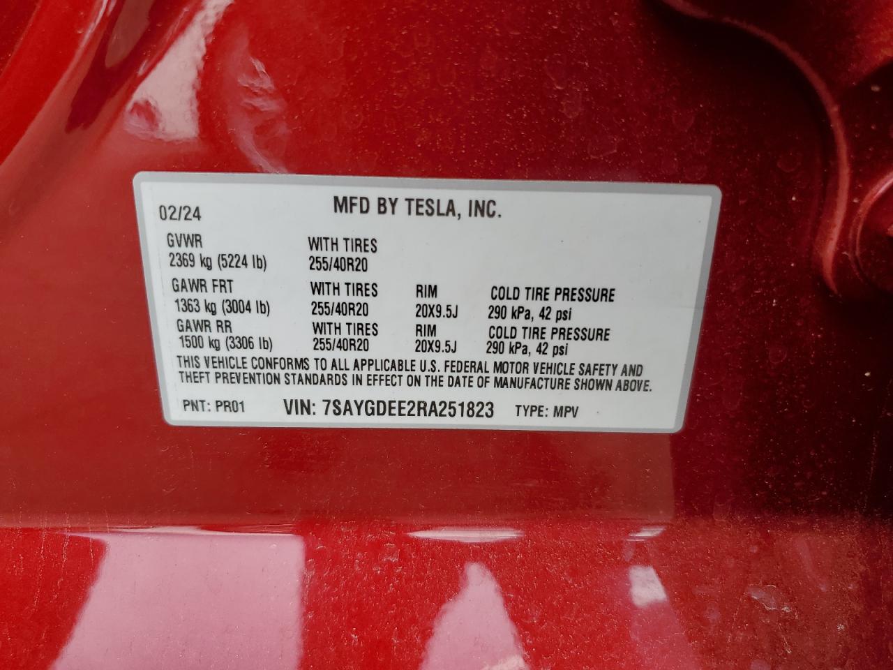 2024 TESLA MODEL Y VIN:7SAYGDEE2RA251823
