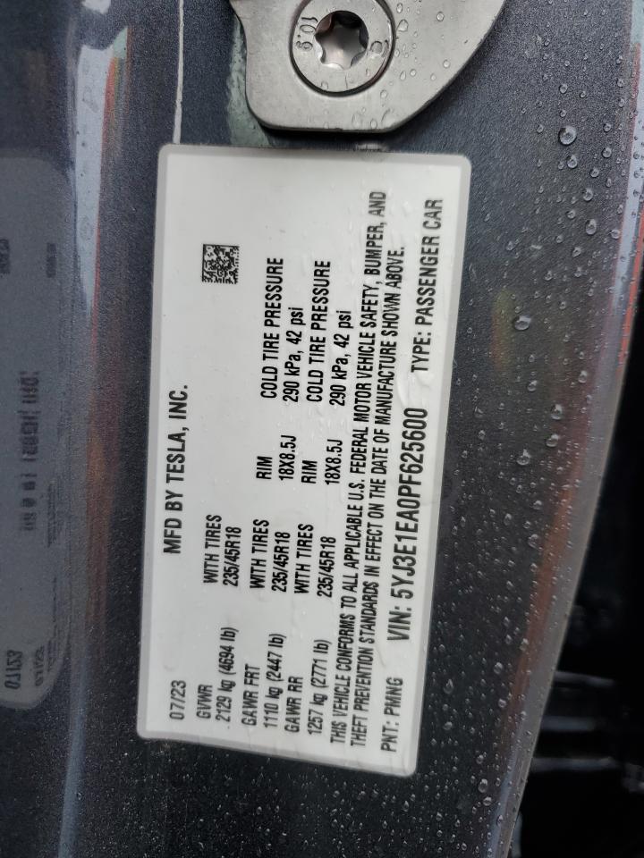 2023 TESLA MODEL 3 VIN:5YJ3E1EA0PF625600