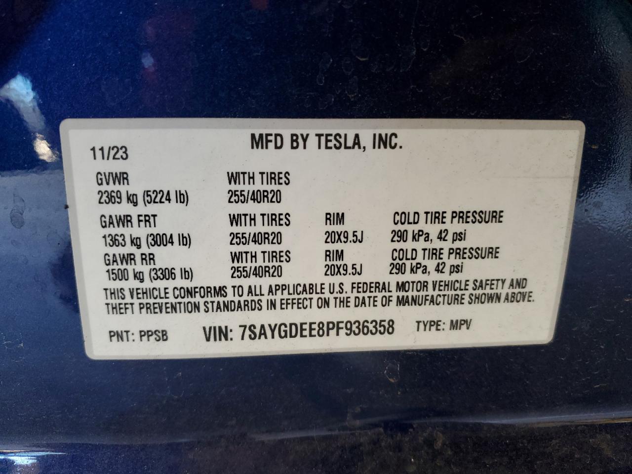 2023 TESLA MODEL Y VIN:7SAYGDEE8PF936358