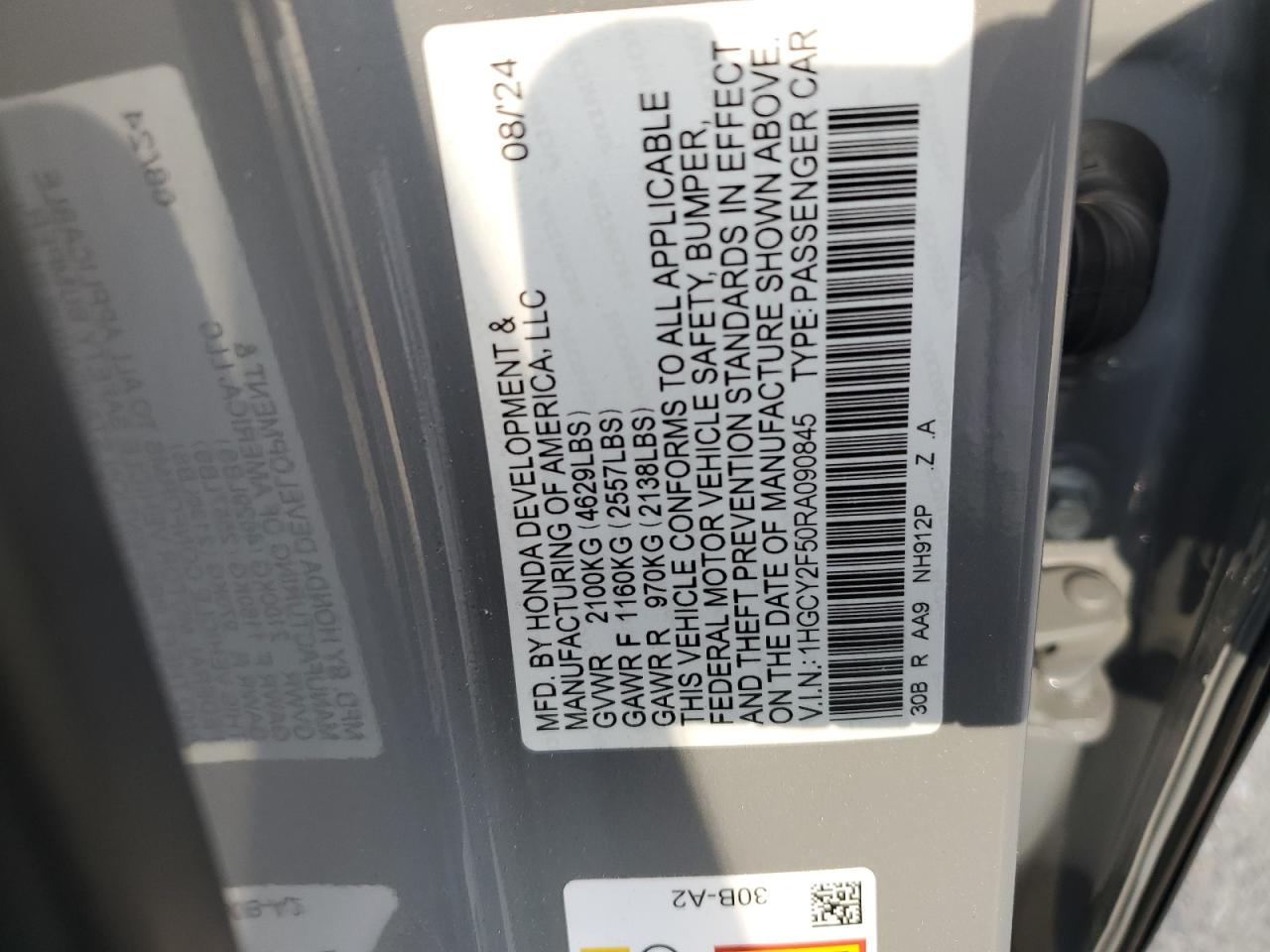 2024 HONDA ACCORD HYBRID SPORT VIN:1HGCY2F50RA090845
