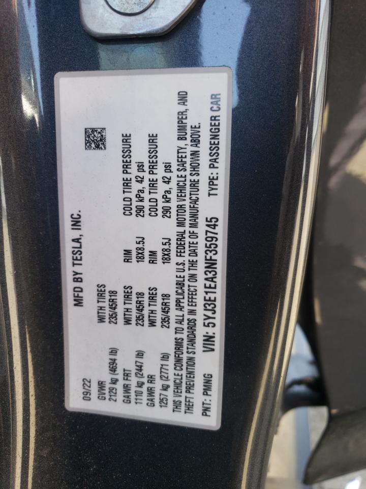 2022 TESLA MODEL 3 VIN:5YJ3E1EA3NF359745