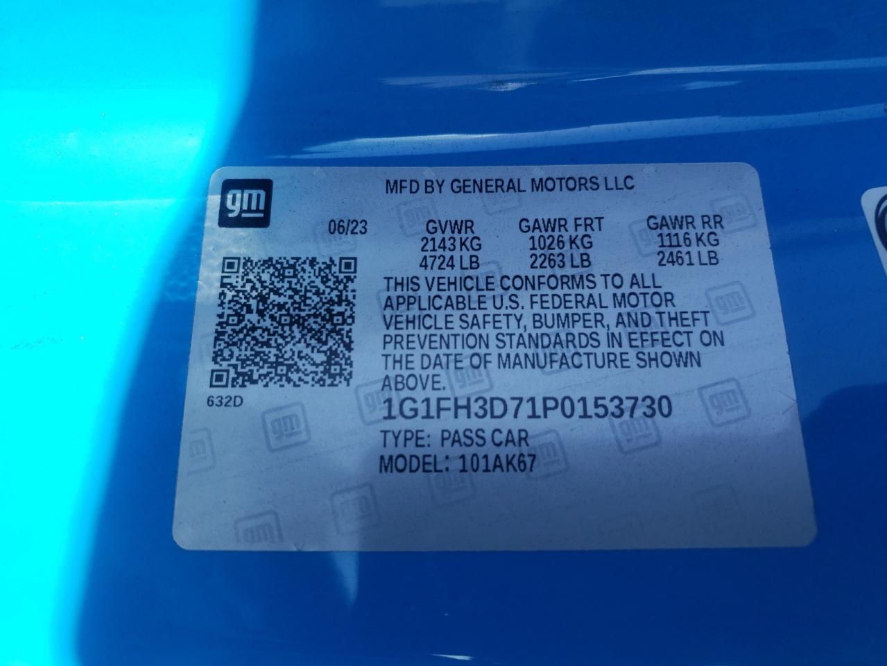 2023 CHEVROLET CAMARO SS VIN:1G1FH3D71P0153730