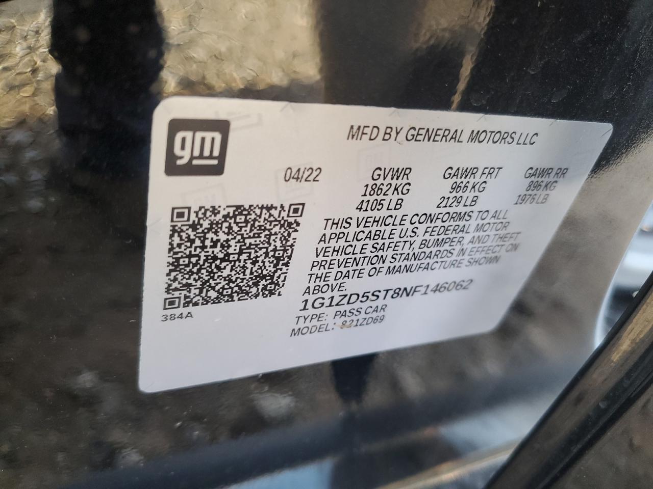 2022 CHEVROLET MALIBU LT VIN:1G1ZD5ST8NF146062