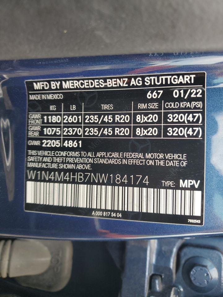 2022 MERCEDES-BENZ GLB 250 4MATIC VIN:W1N4M4HB7NW184174