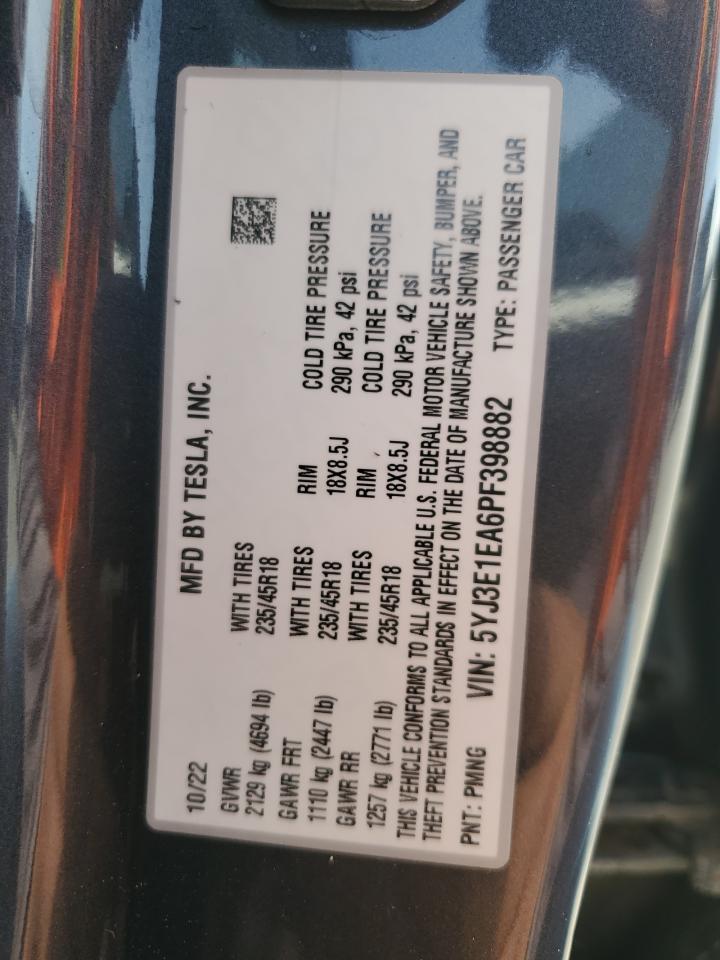 2023 TESLA MODEL 3 VIN:5YJ3E1EA6PF398882