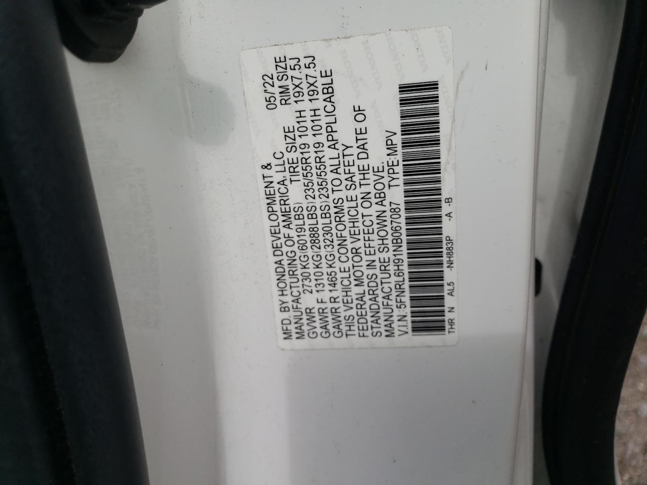 2022 HONDA ODYSSEY ELITE VIN:5FNRL6H91NB067087