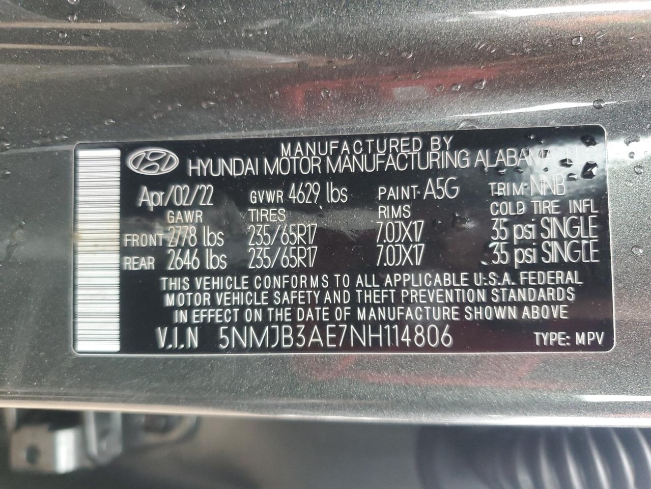 2022 HYUNDAI TUCSON SEL VIN:5NMJB3AE7NH114806