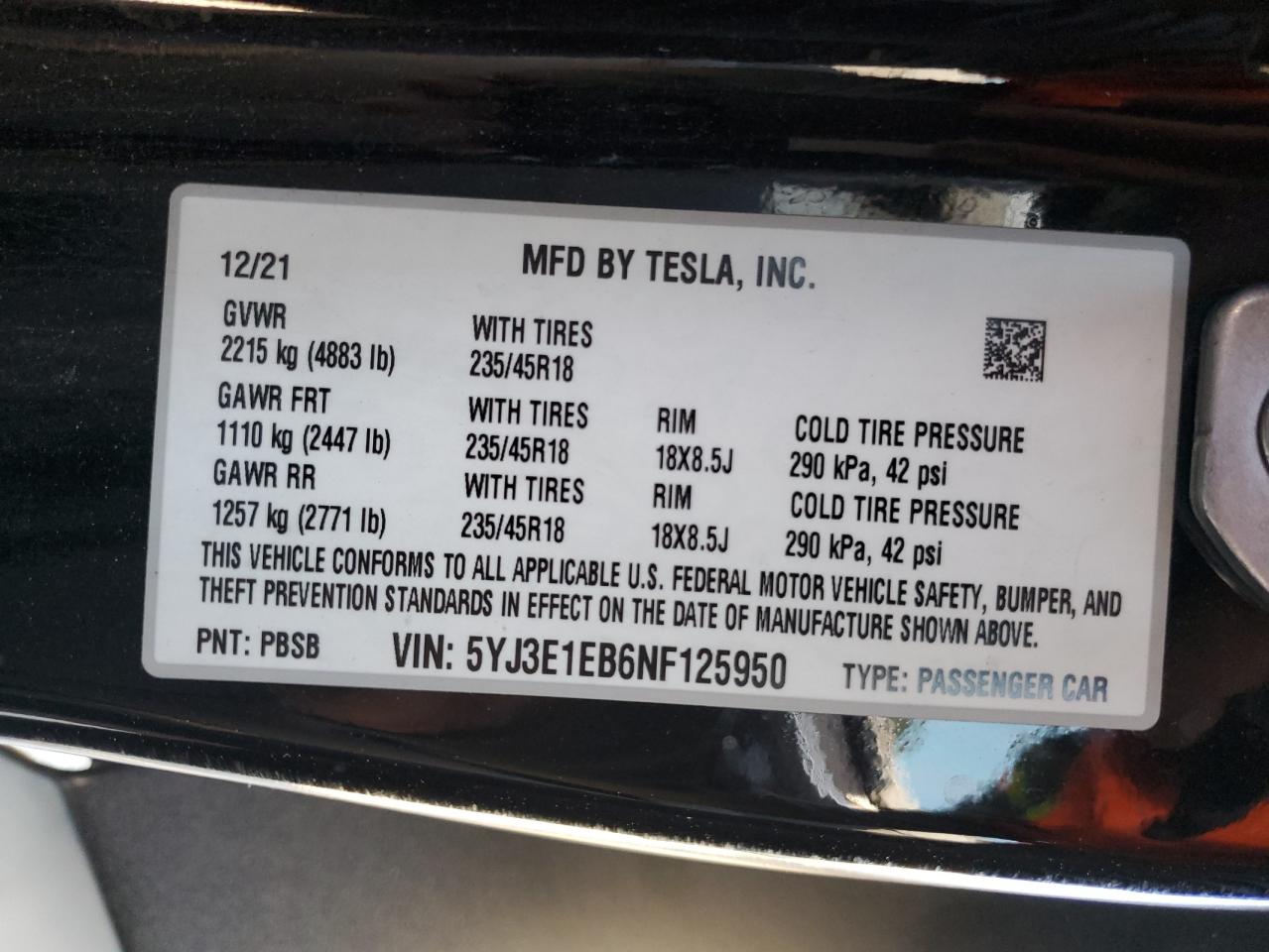 2022 TESLA MODEL 3 VIN:5YJ3E1EB6NF125950