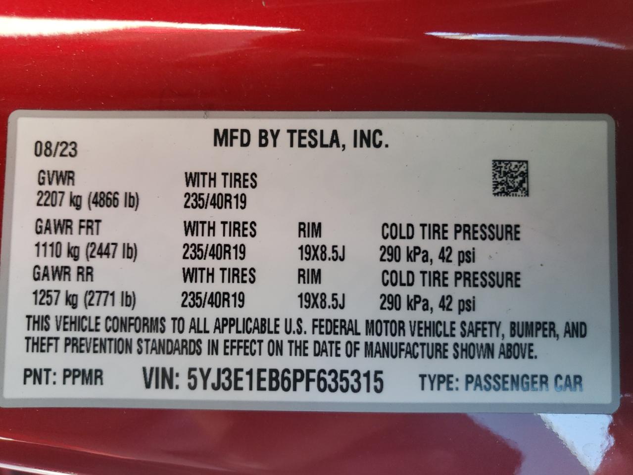 2023 TESLA MODEL 3 VIN:5YJ3E1EB6PF635315