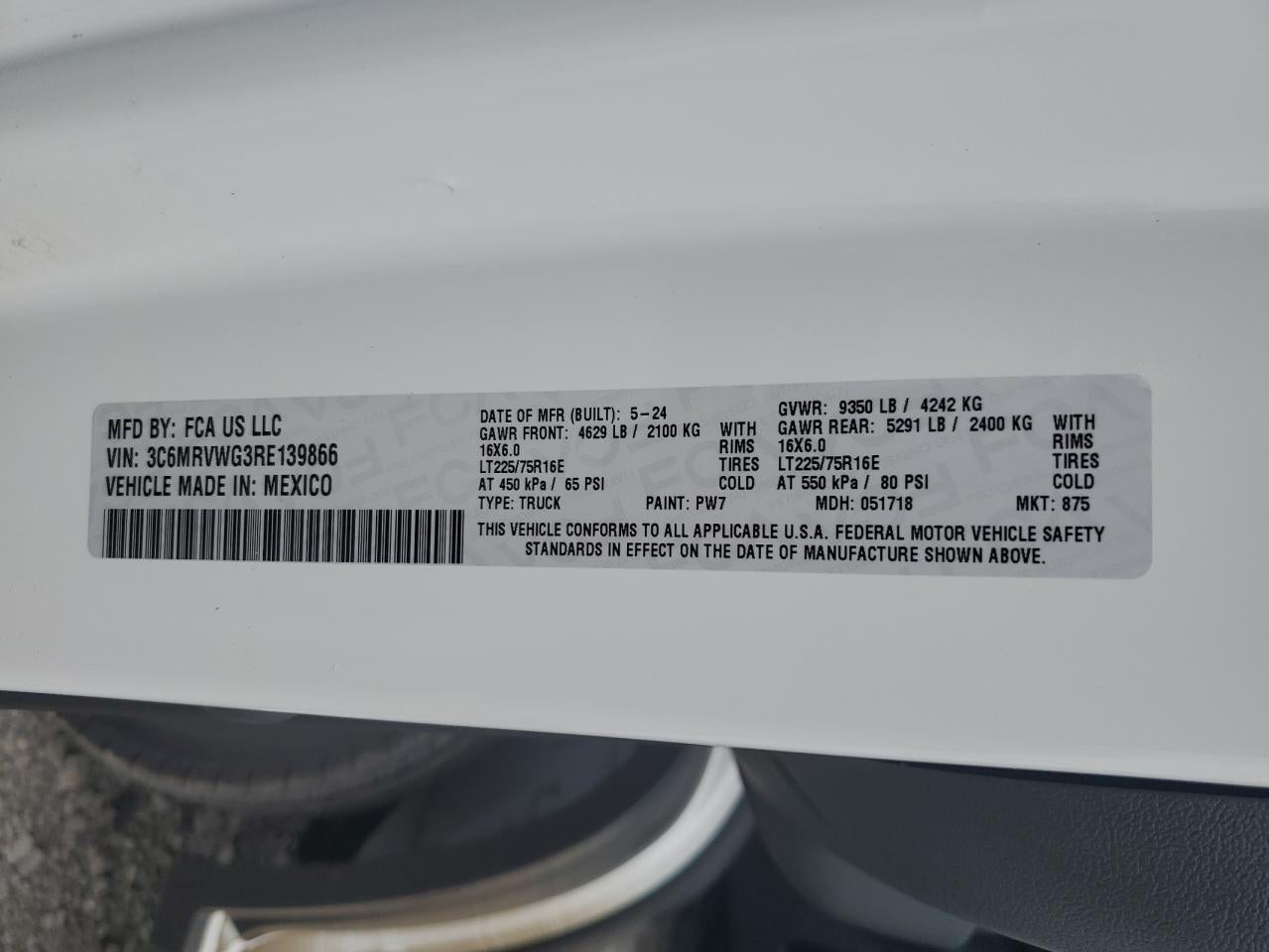 2024 RAM PROMASTER 3500 3500 STANDARD VIN:3C6MRVWG3RE139866