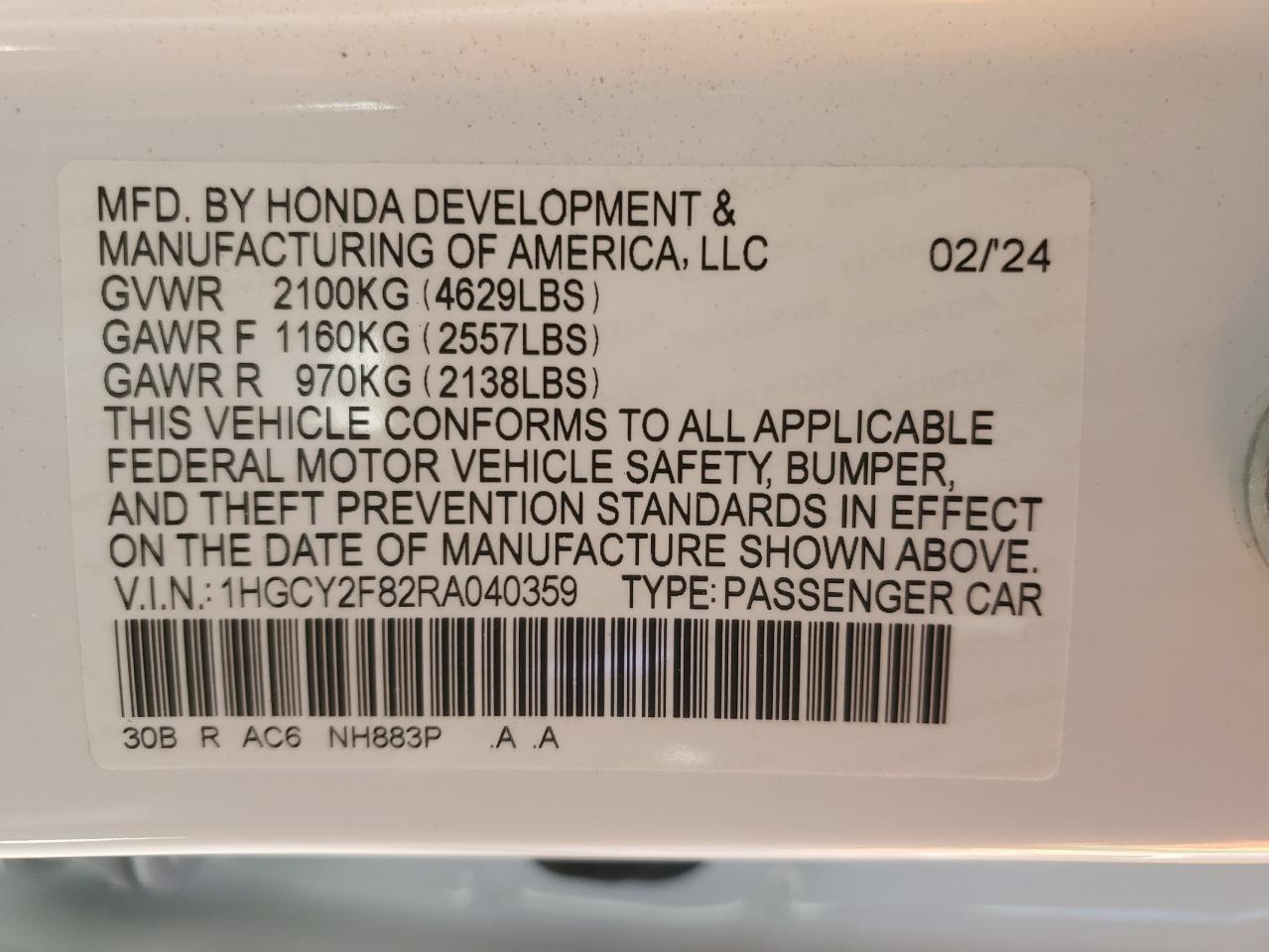 2024 HONDA ACCORD TOURING HYBRID VIN:1HGCY2F82RA040359