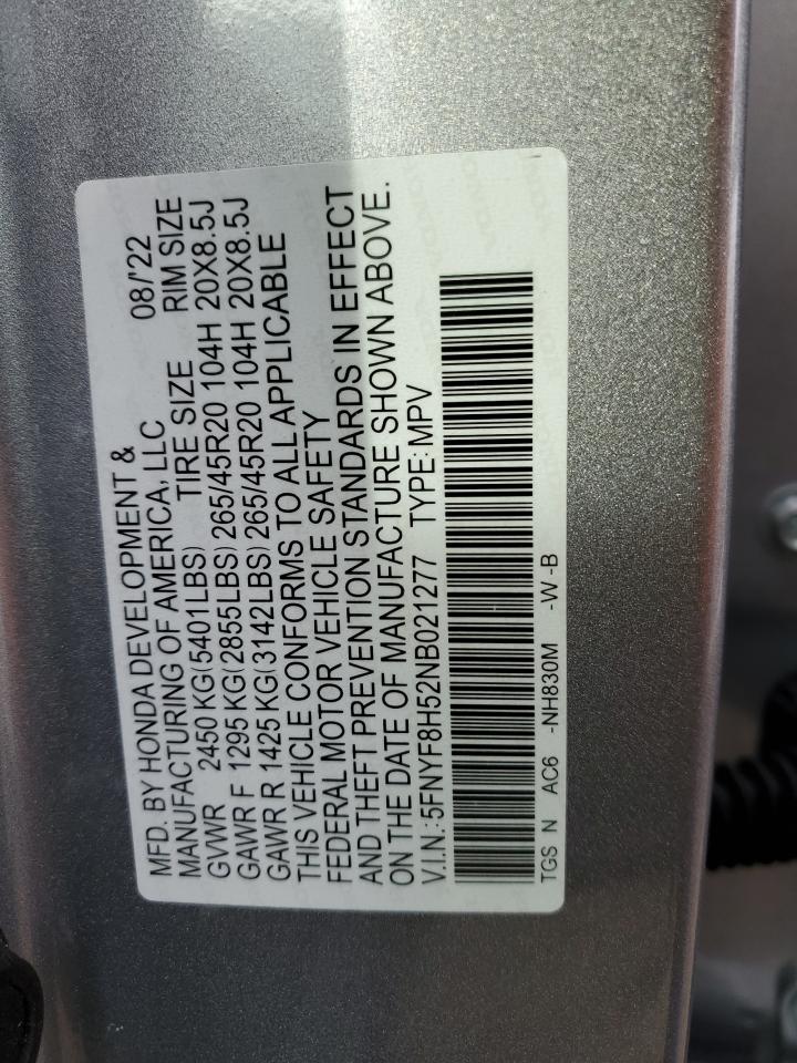 2022 HONDA PASSPORT EXL VIN:5FNYF8H52NB021277