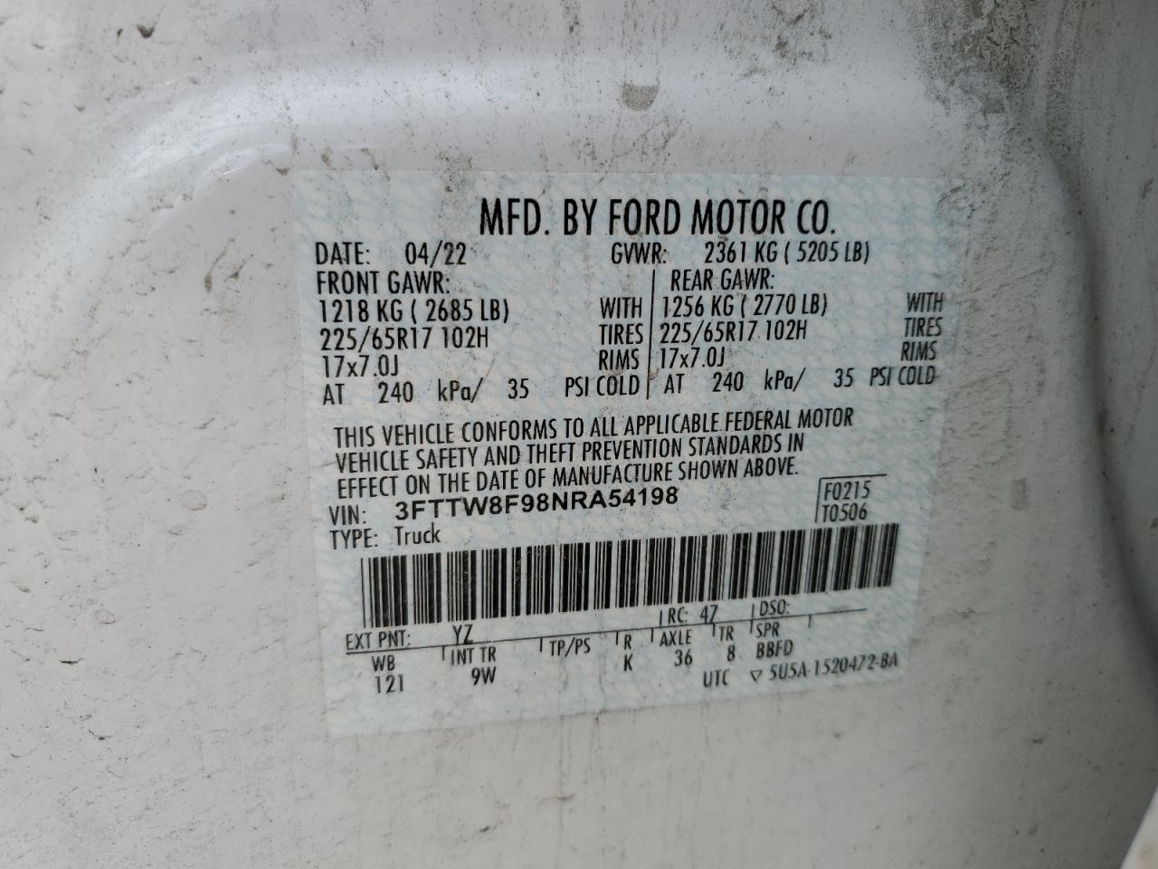 2022 FORD MAVERICK XL VIN:3FTTW8F98NRA54198