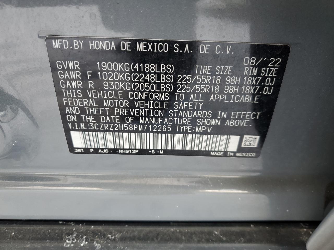 2023 HONDA HR-V SPORT VIN:3CZRZ2H58PM712265