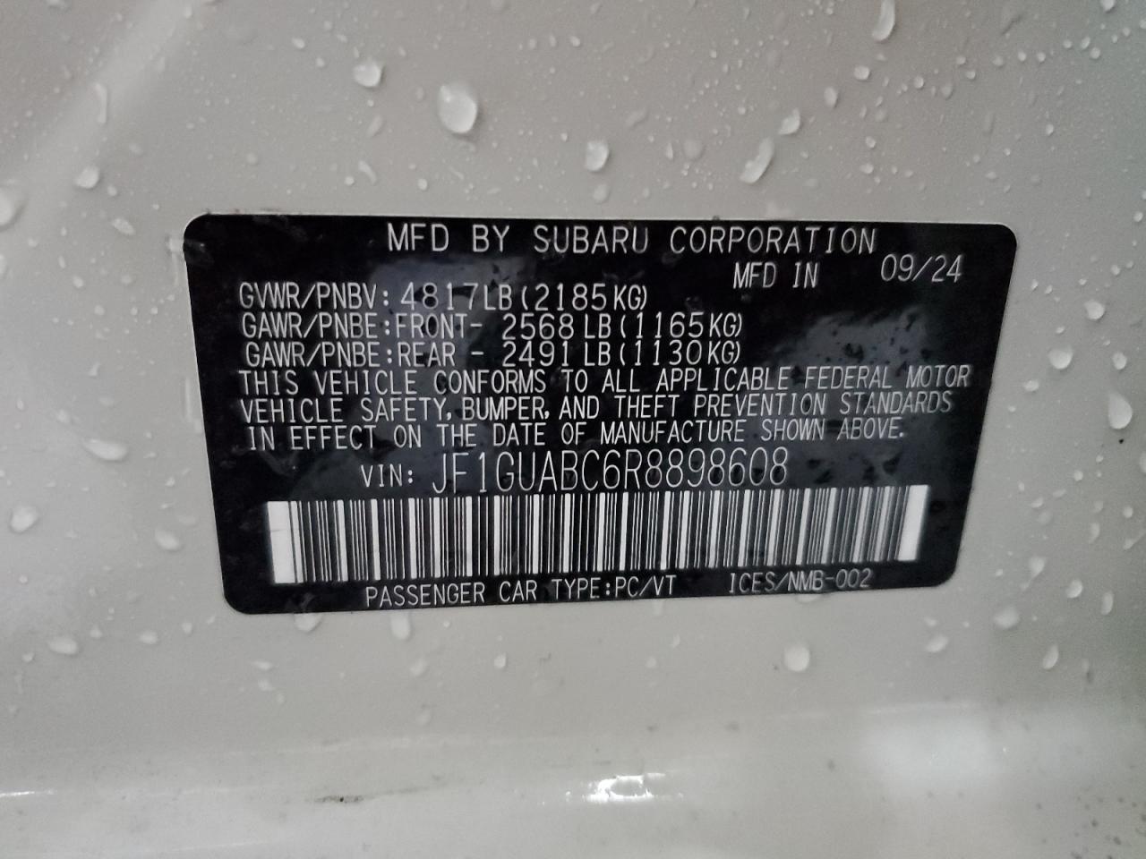 2024 SUBARU IMPREZA VIN:JF1GUABC6R8898608