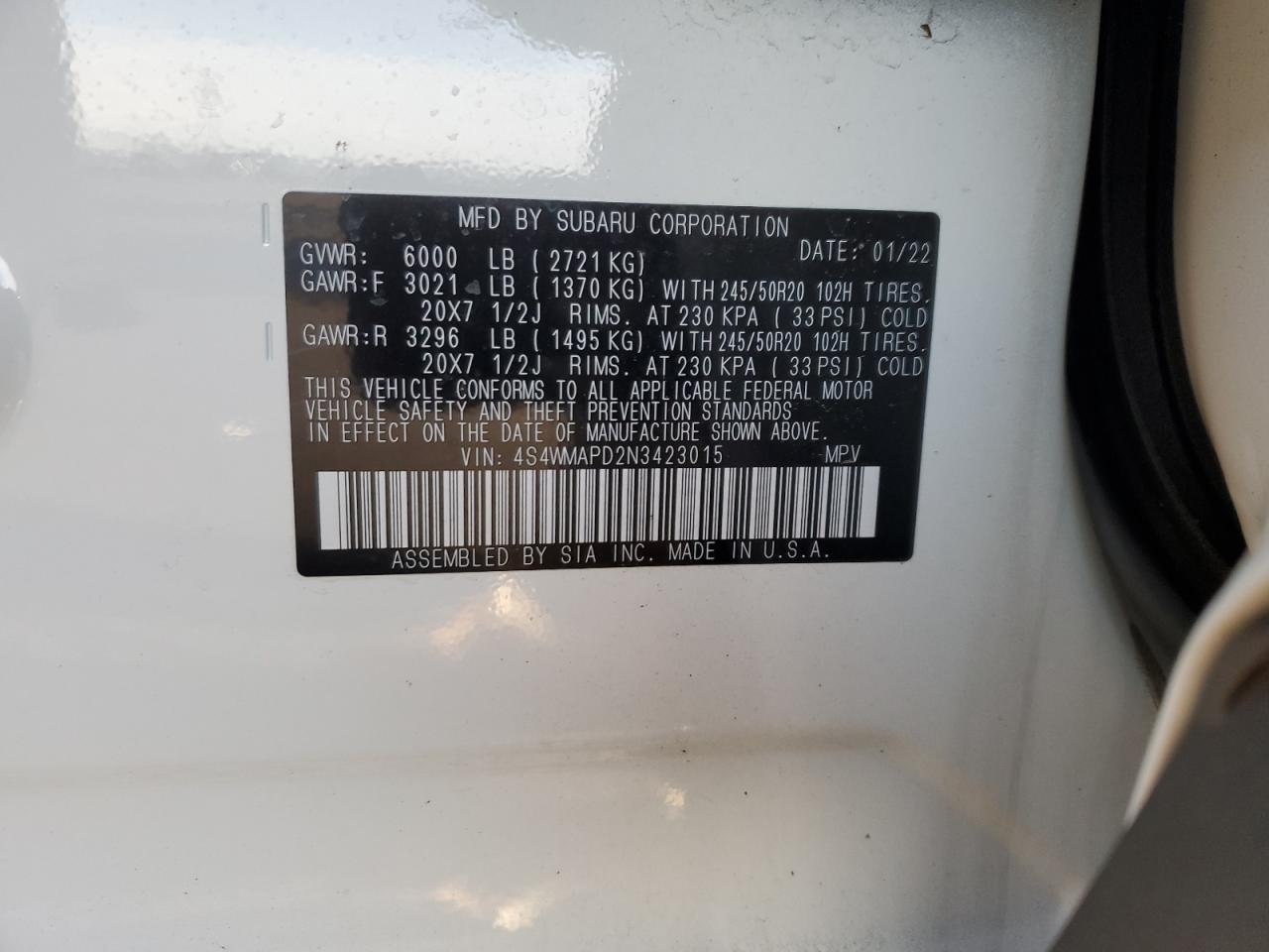 2022 SUBARU ASCENT LIMITED VIN:4S4WMAPD2N3423015