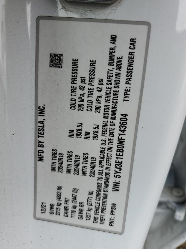 2022 TESLA MODEL 3 VIN:5YJ3E1EB0NF143604