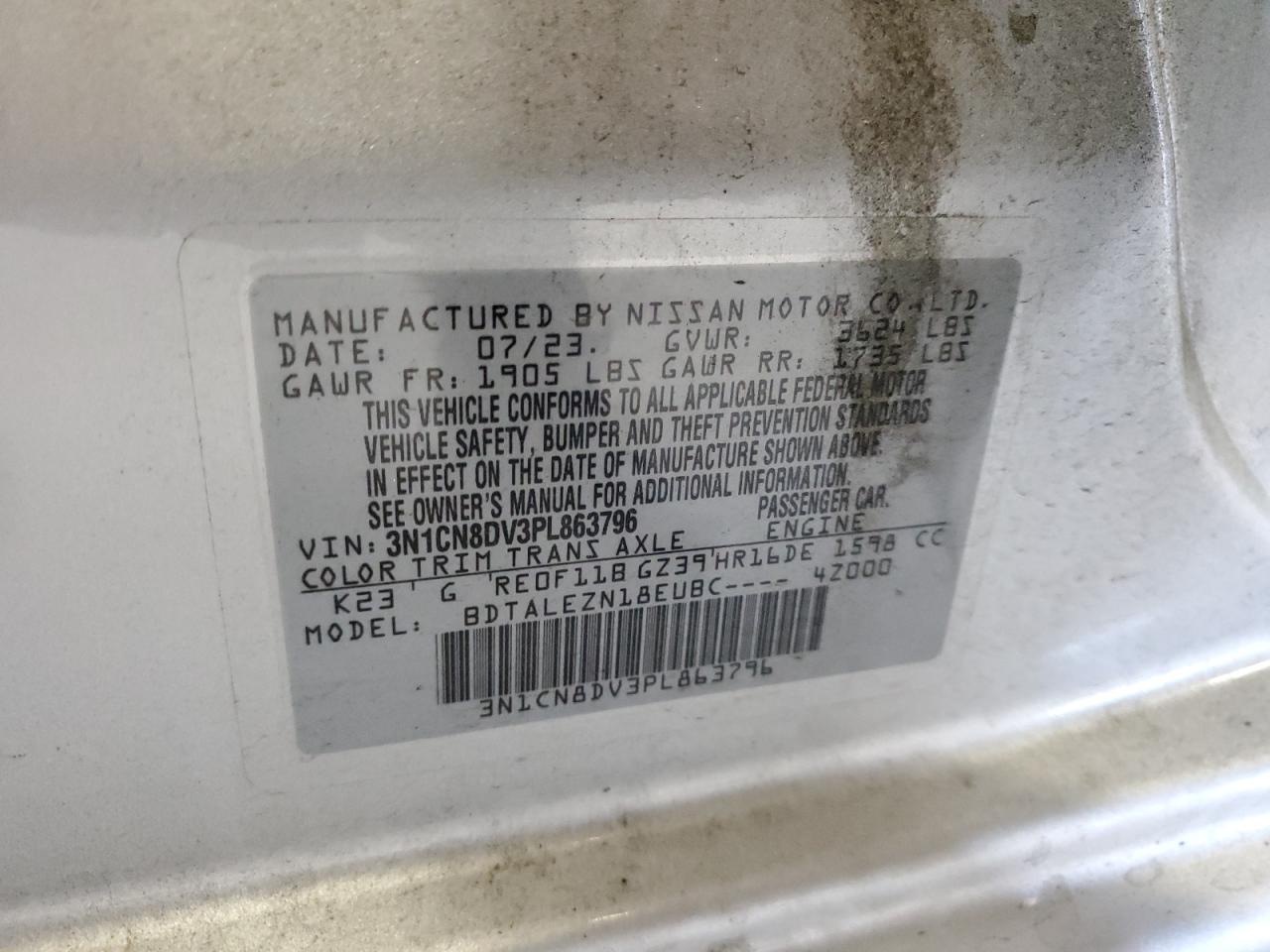 2023 NISSAN VERSA S VIN:3N1CN8DV3PL863796