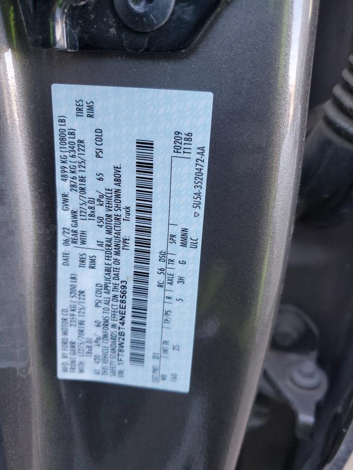 2022 FORD F250 SUPER DUTY VIN:1FT8W2BT4NEE85693