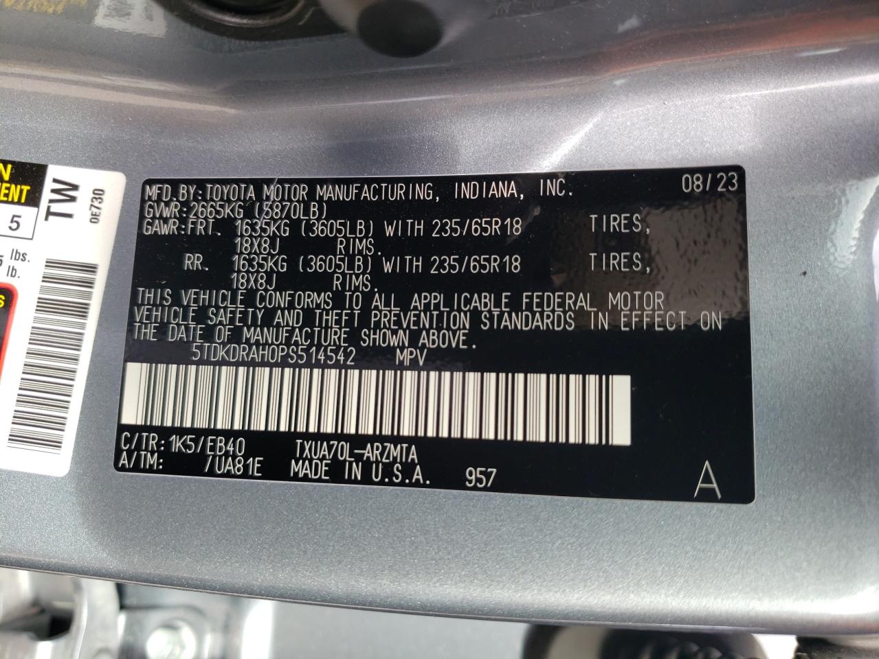 2023 TOYOTA HIGHLANDER L VIN:5TDKDRAH0PS514542