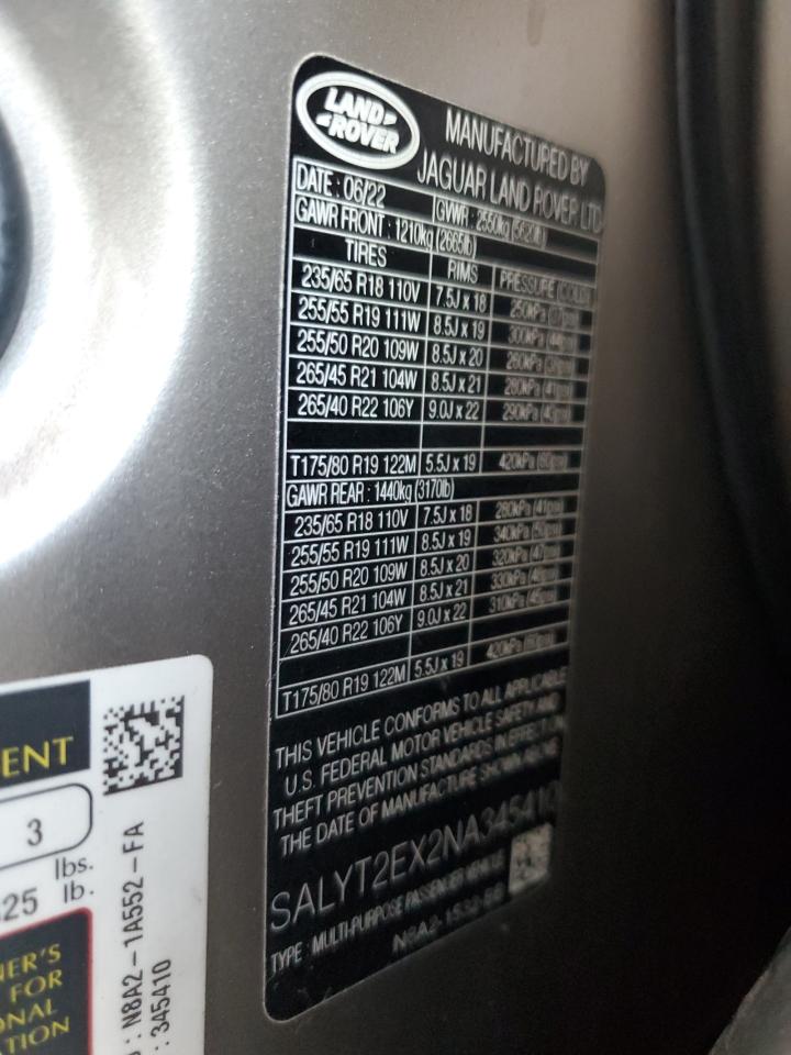 2022 LAND ROVER RANGE ROVER VELAR R-DYNAMIC S VIN:SALYT2EX2NA345410