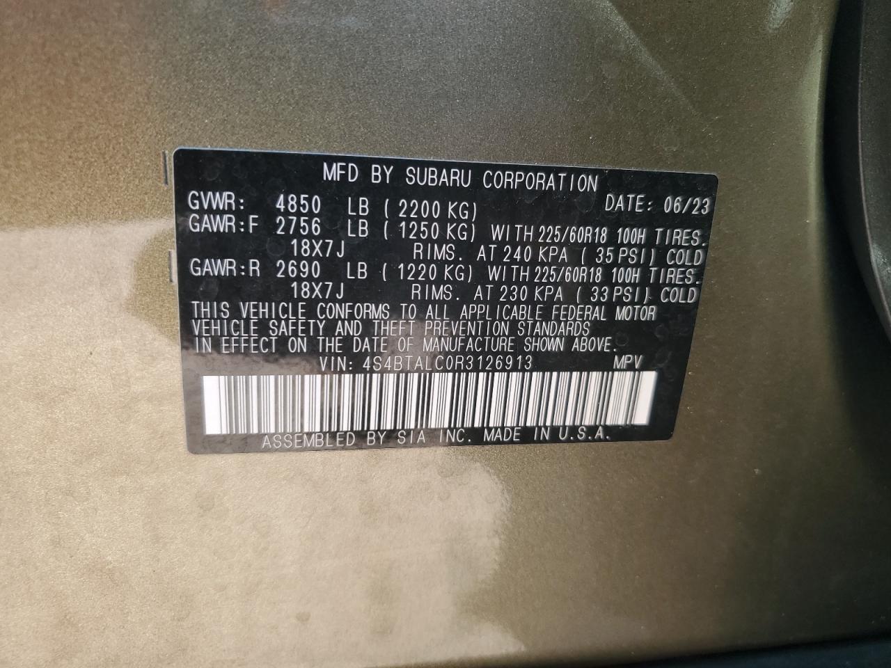 2024 SUBARU OUTBACK ONYX EDITION VIN:4S4BTALC0R3126913