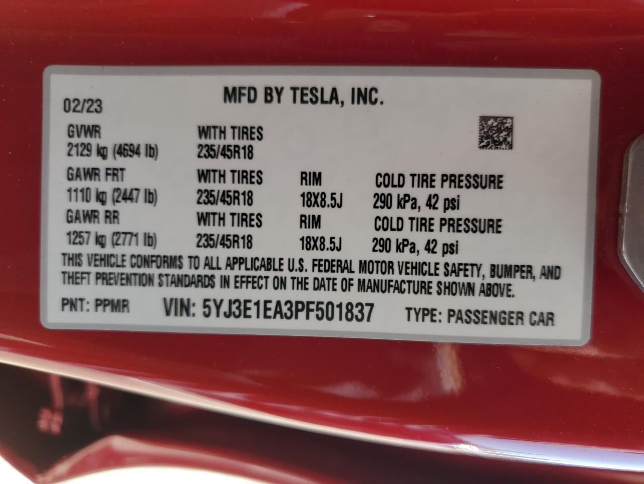 2023 TESLA MODEL 3 VIN:5YJ3E1EA3PF501837