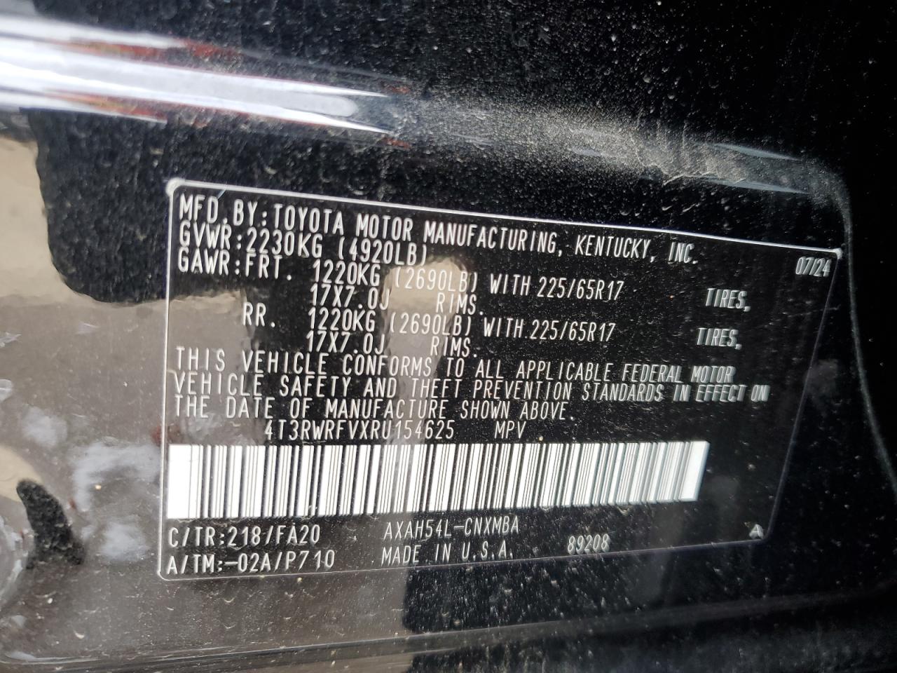 2024 TOYOTA RAV4 XLE VIN:4T3RWRFVXRU154625