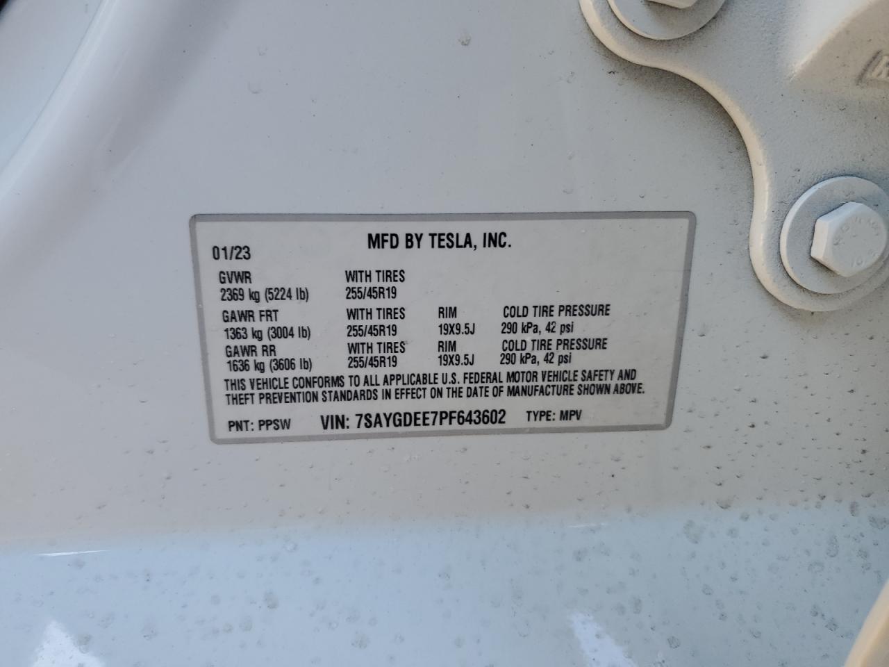 2023 TESLA MODEL Y VIN:7SAYGDEE7PF643602