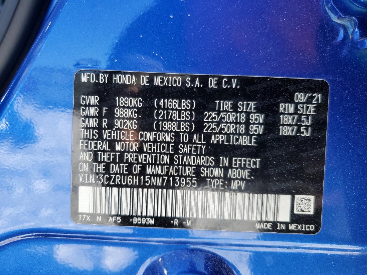 2022 HONDA HR-V SPORT VIN:3CZRU6H15NM713955