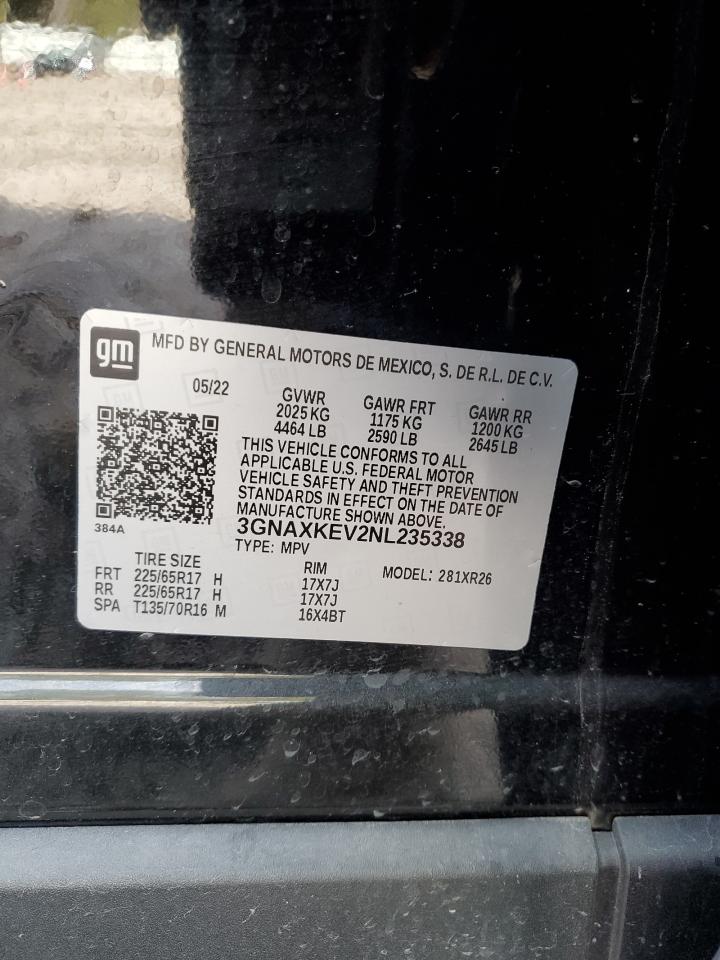 2022 CHEVROLET EQUINOX LT VIN:3GNAXKEV2NL235338