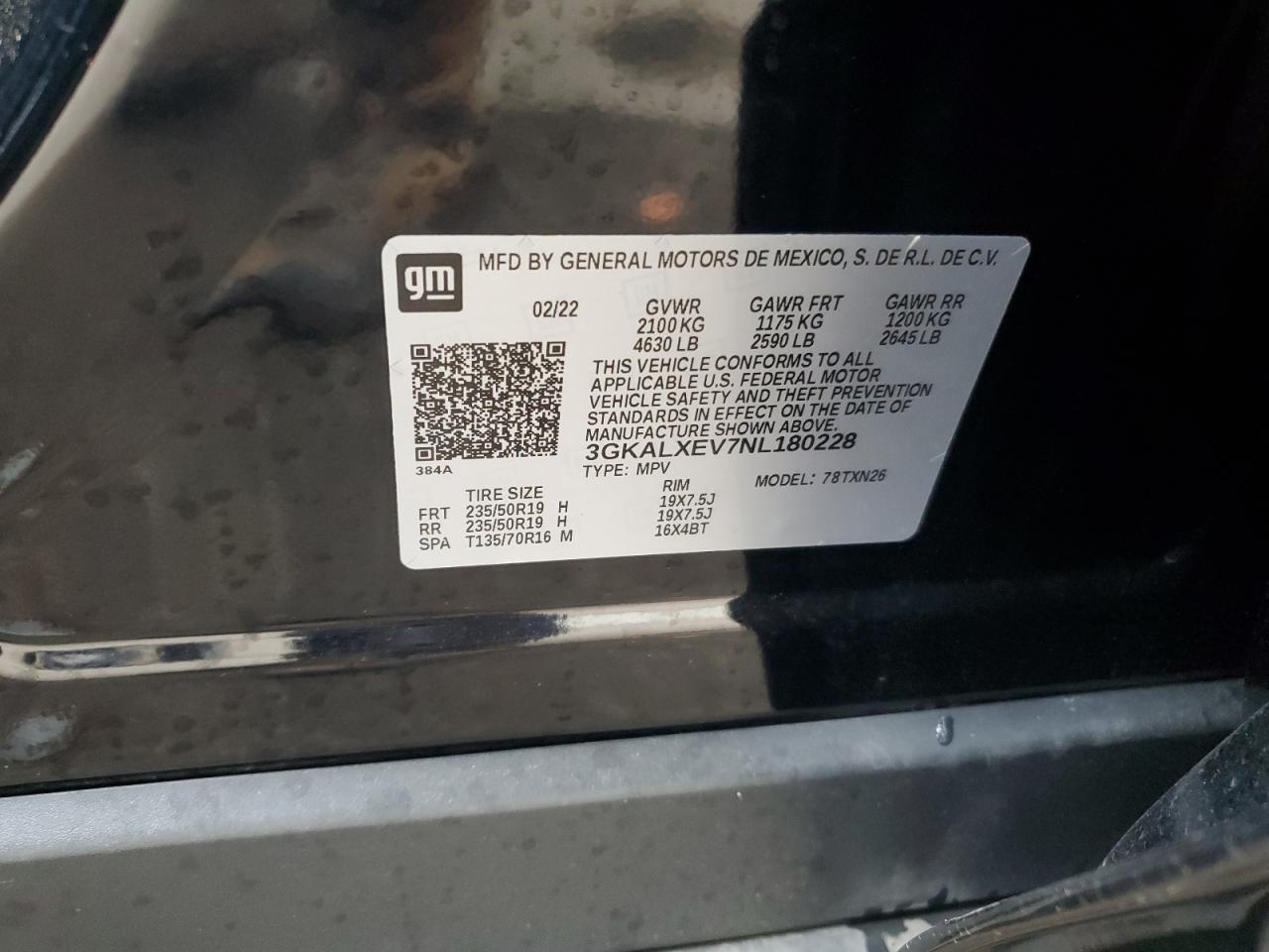 2022 GMC TERRAIN DENALI VIN:3GKALXEV7NL180228